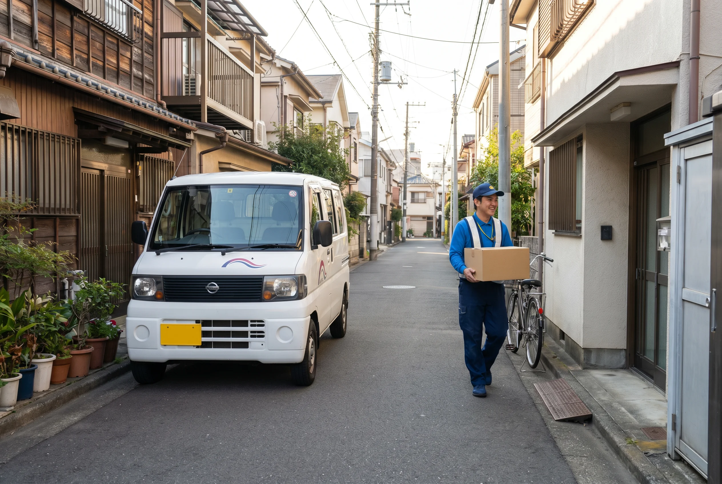 住宅街を走る配送トラックとドライバー