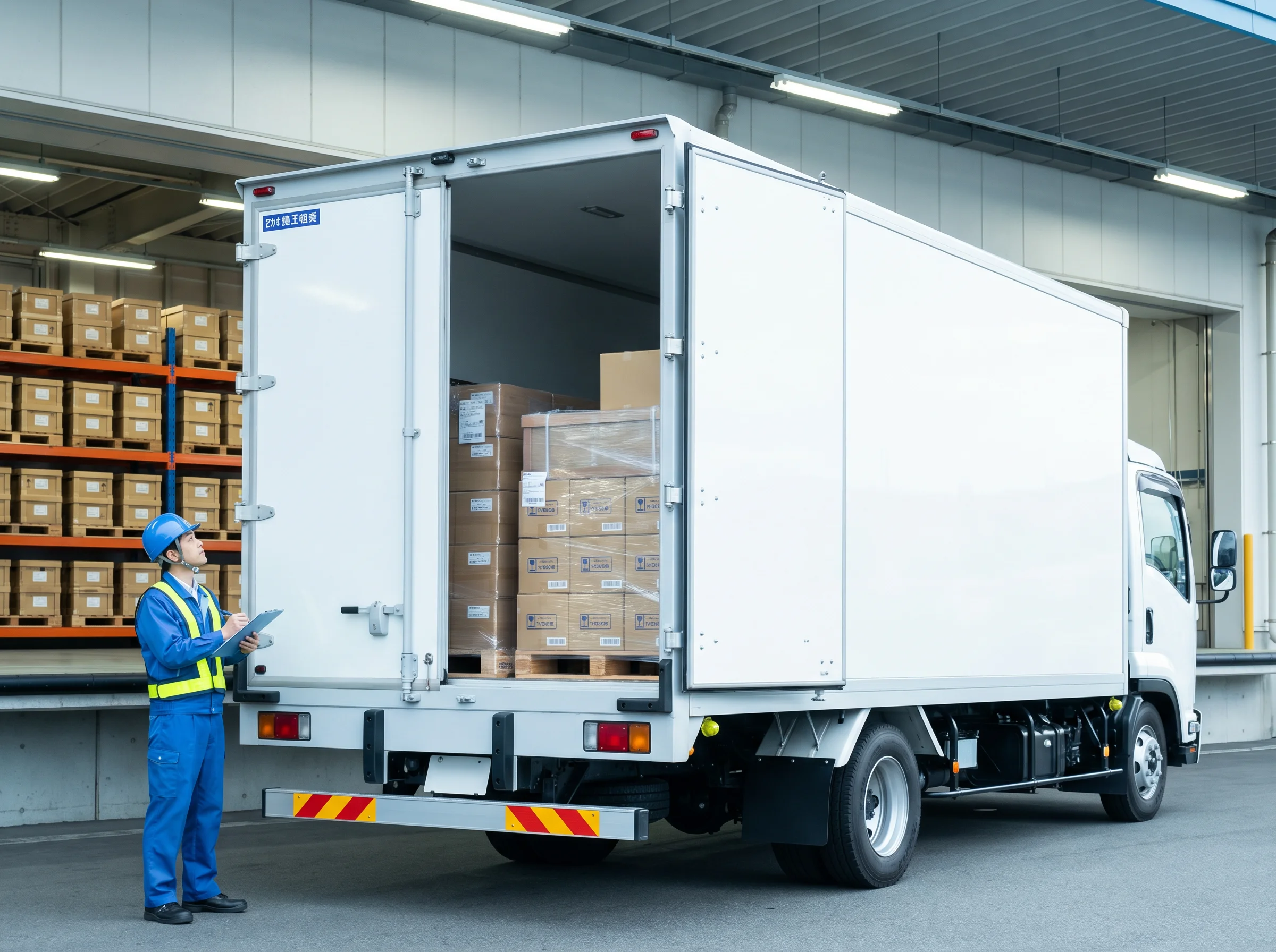 物流倉庫で大型トラックに荷物を積み込む作業員